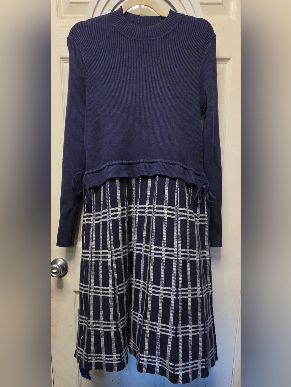 Navy Knit Sweater Dress with Plaid Skirt